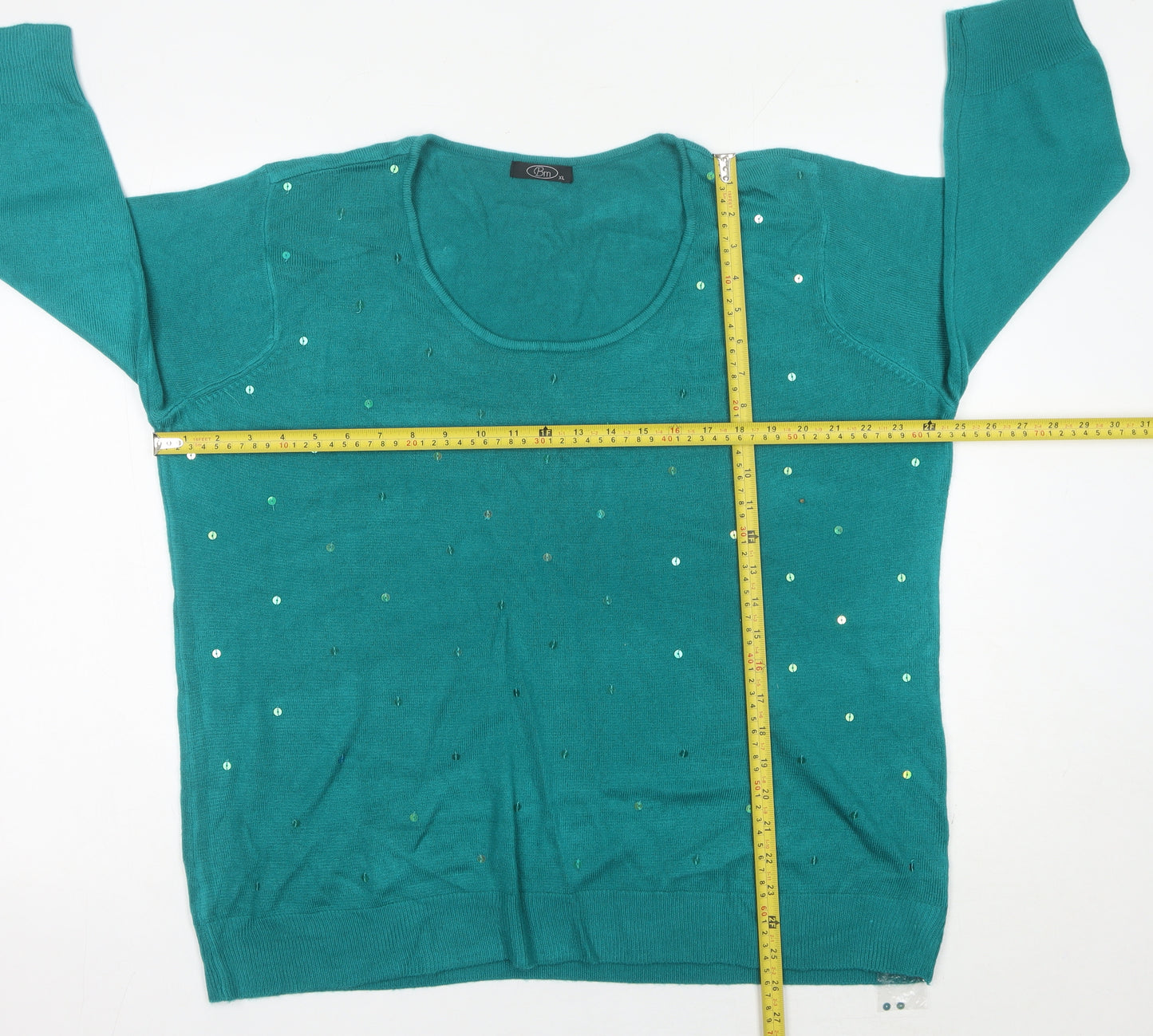 Bm Women’s Green Sequin Scoop Neck Pullover Jumper XL