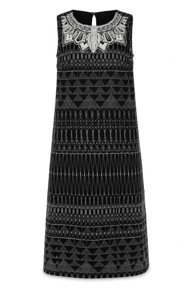H&M Women’s Black Geometric Embroidered Shift Dress Size 8