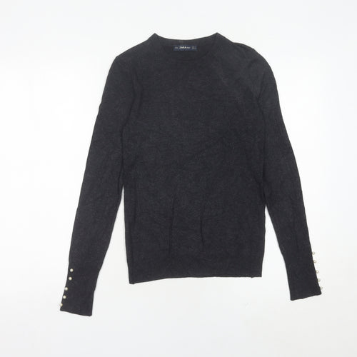 Zara Women Black Crew Neck Pullover Jumper Size 8 Long Sleeve Knit