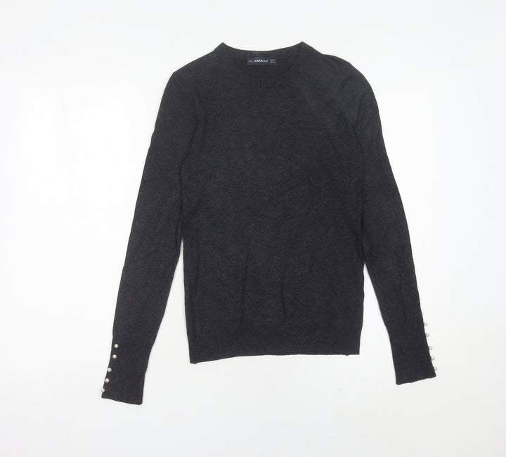 Zara Women Black Crew Neck Pullover Jumper Size 8 Long Sleeve Knit