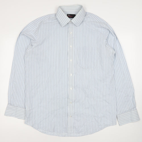 Marks and Spencer Men’s Blue Striped Cotton Blend Classic Fit Long Sleeve Dress Shirt 16.5” Collar