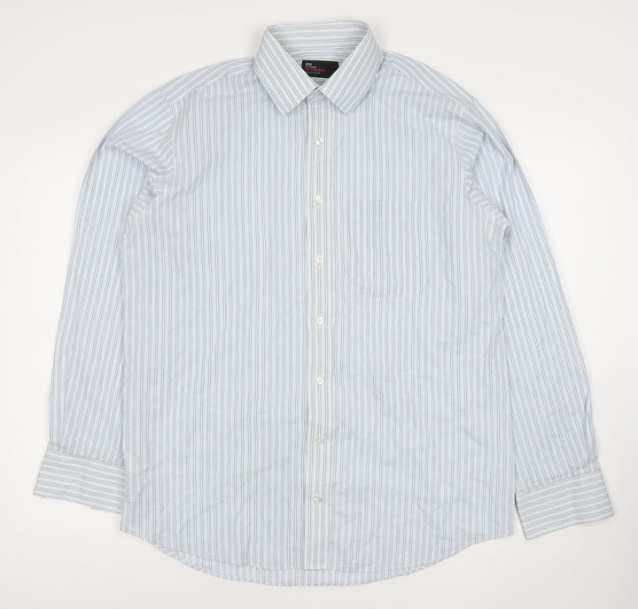 Marks and Spencer Men’s Blue Striped Cotton Blend Classic Fit Long Sleeve Dress Shirt 16.5” Collar