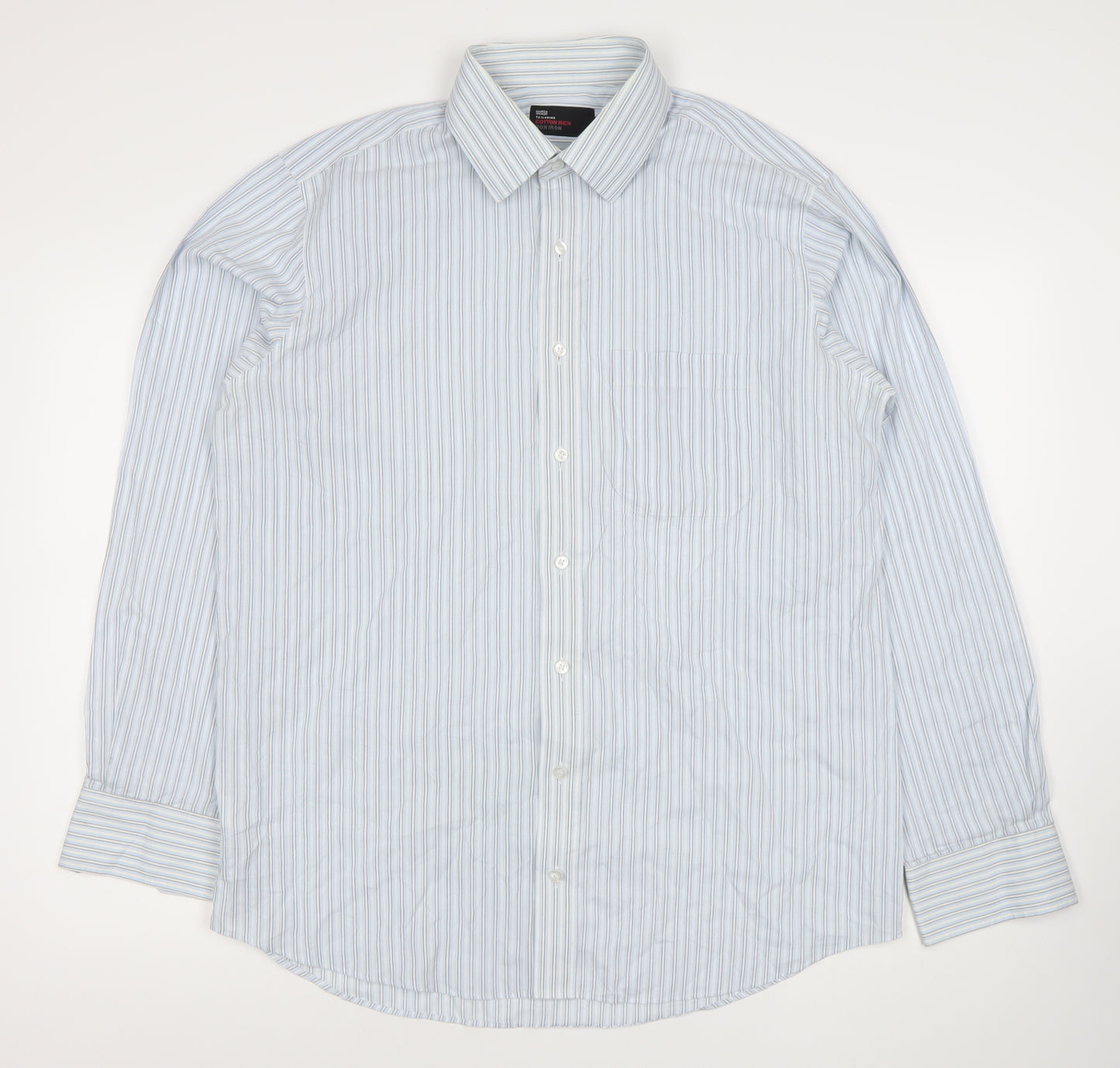 Marks and Spencer Men’s Blue Striped Cotton Blend Classic Fit Long Sleeve Dress Shirt 16.5” Collar