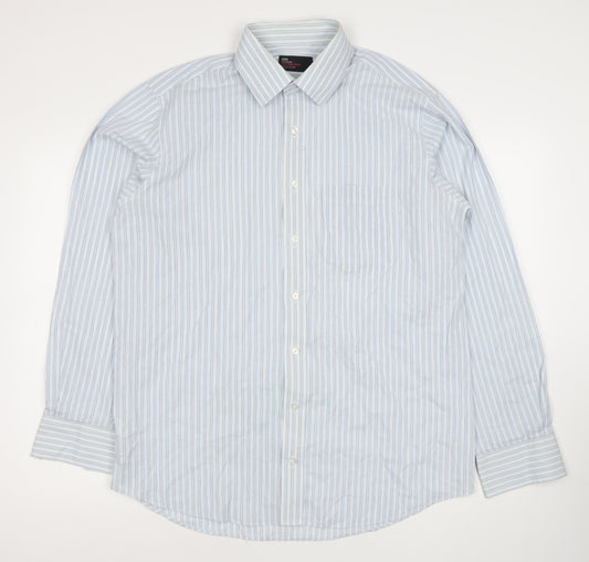 Marks and Spencer Men’s Blue Striped Cotton Blend Classic Fit Long Sleeve Dress Shirt 16.5” Collar