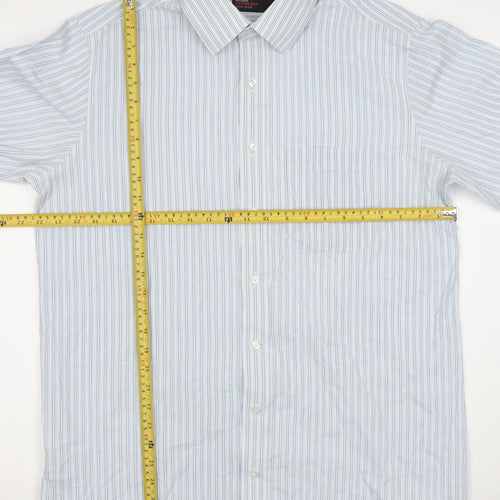 Marks and Spencer Men’s Blue Striped Cotton Blend Classic Fit Long Sleeve Dress Shirt 16.5” Collar