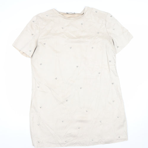 Zara Women’s Beige Shift Dress Size 12 Beaded Short Sleeve Party