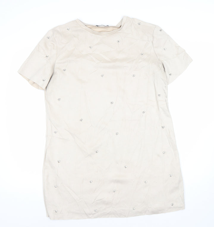 Zara Women’s Beige Shift Dress Size 12 Beaded Short Sleeve Party