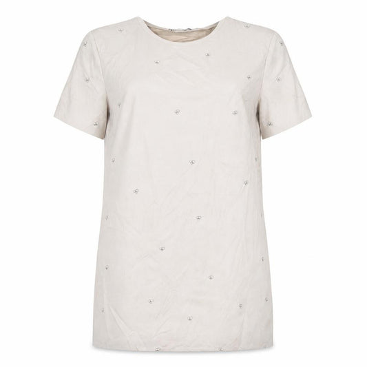 Front view of Zara Women’s Beige Shift Dress, size UK 12, Beaded Short Sleeve Party