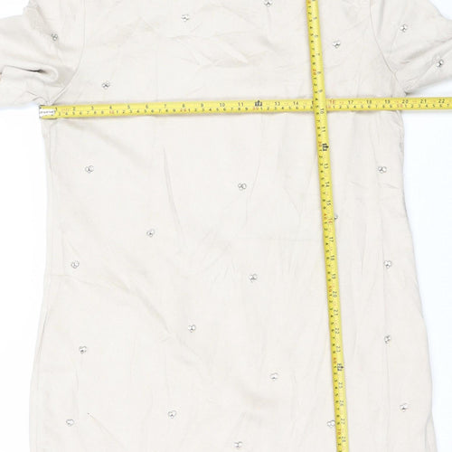 Zara Women’s Beige Shift Dress Size 12 Beaded Short Sleeve Party