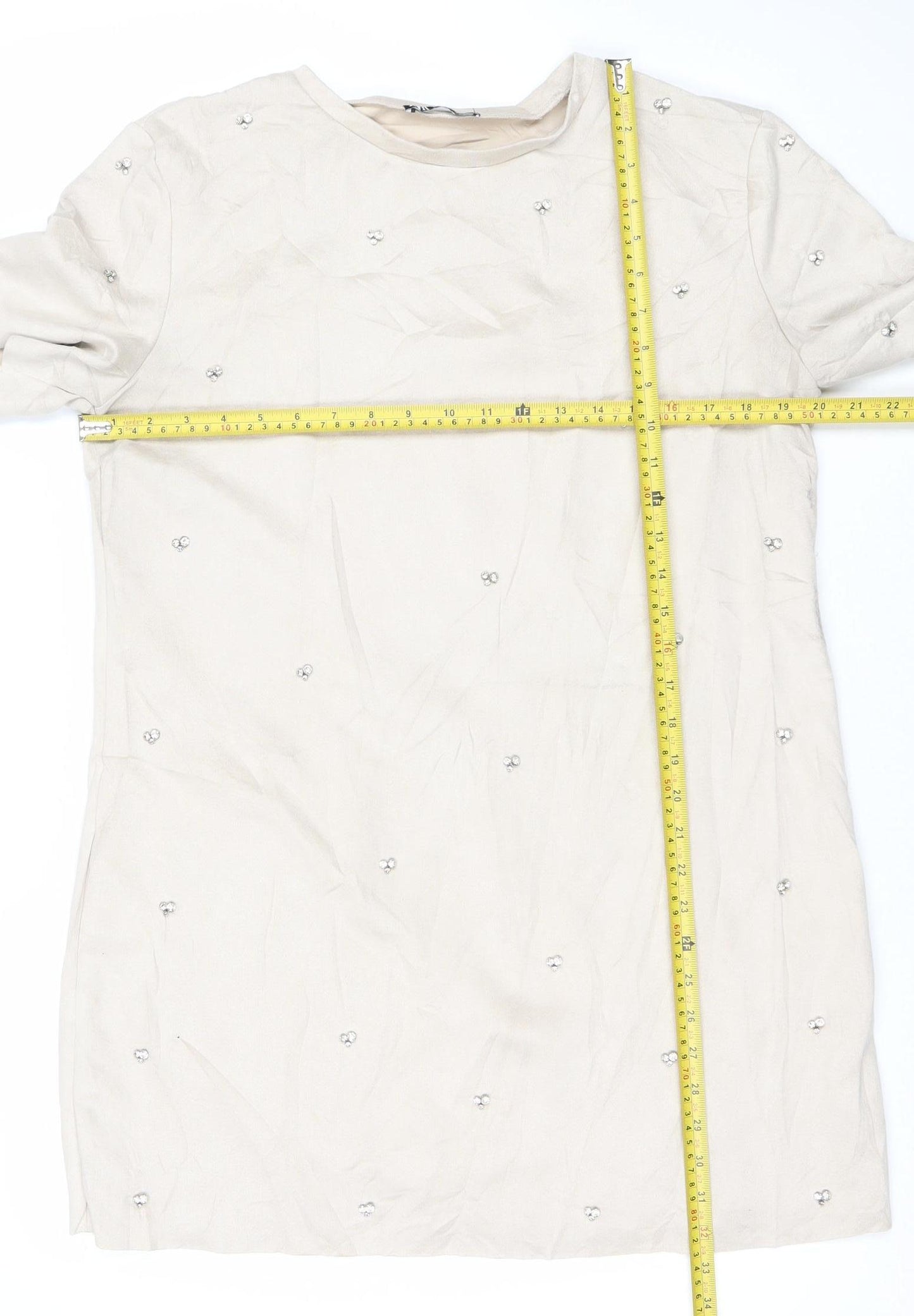 Zara Women’s Beige Shift Dress Size 12 Beaded Short Sleeve Party