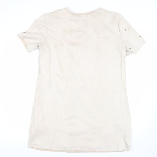 Zara Women’s Beige Shift Dress Size 12 Beaded Short Sleeve Party