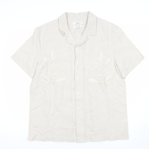 Marks and Spencer Men’s Beige Linen Cotton Embroidered Short Sleeve Shirt L 42-43 in