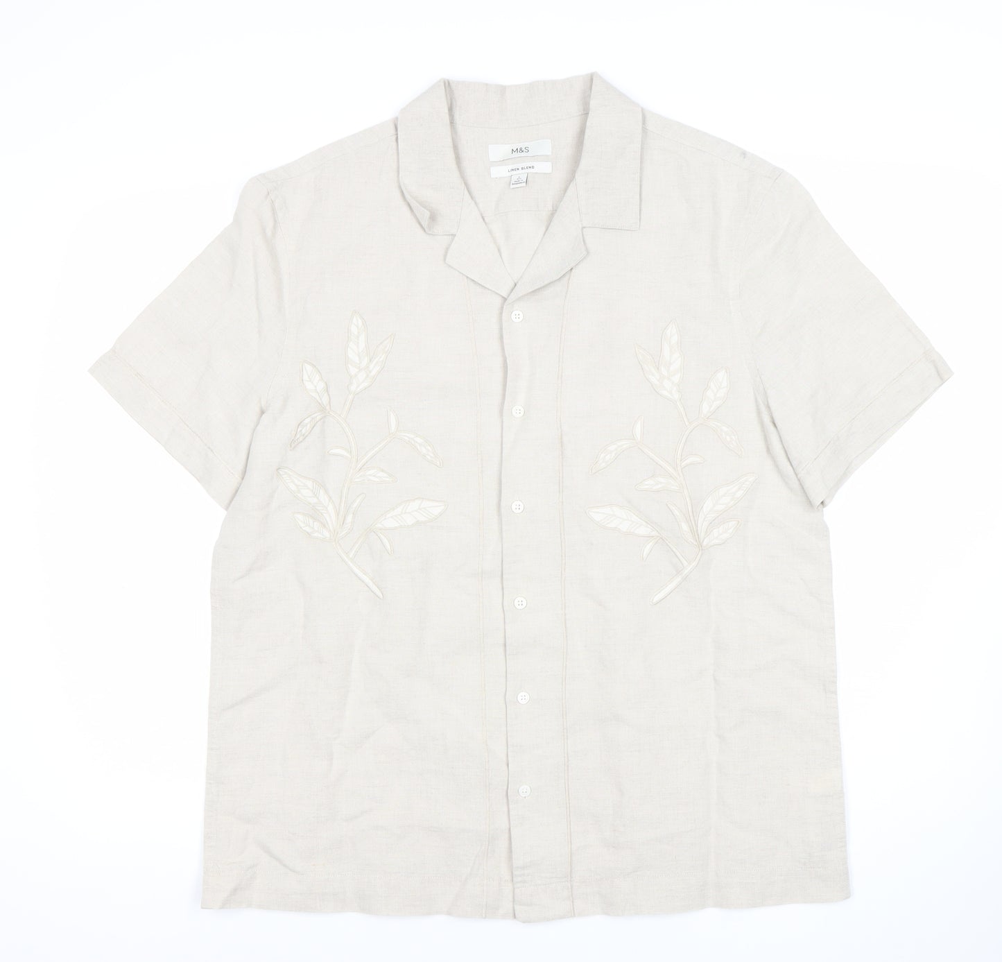 Marks and Spencer Men’s Beige Linen Cotton Embroidered Short Sleeve Shirt L 42-43 in