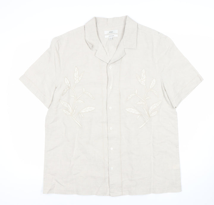 Marks and Spencer Men’s Beige Linen Cotton Embroidered Short Sleeve Shirt L 42-43 in