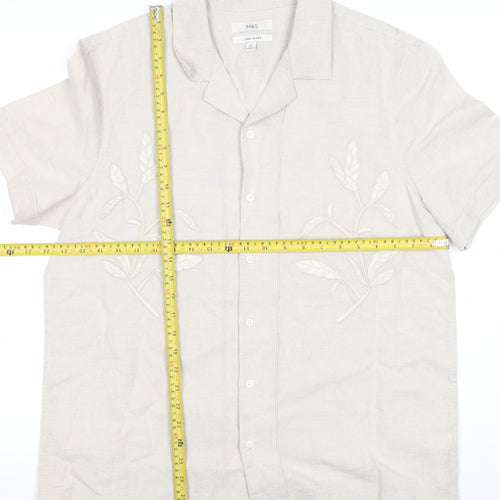 Marks and Spencer Men’s Beige Linen Cotton Embroidered Short Sleeve Shirt L 42-43 in