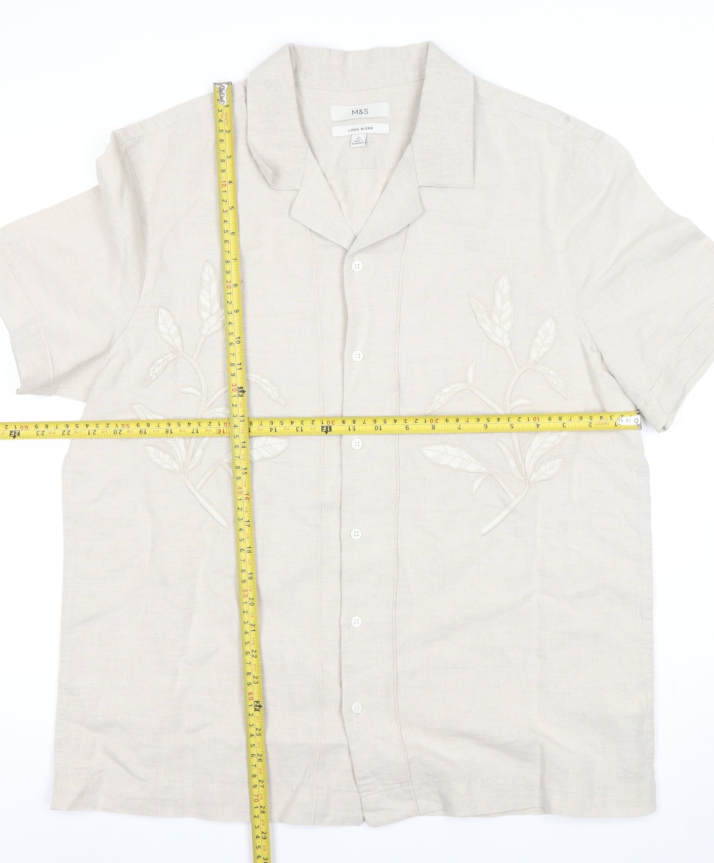 Marks and Spencer Men’s Beige Linen Cotton Embroidered Short Sleeve Shirt L 42-43 in