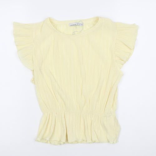 Pull & Bear Womens Yellow Blouse L Flutter Sleeve Ruffle Tunic Top