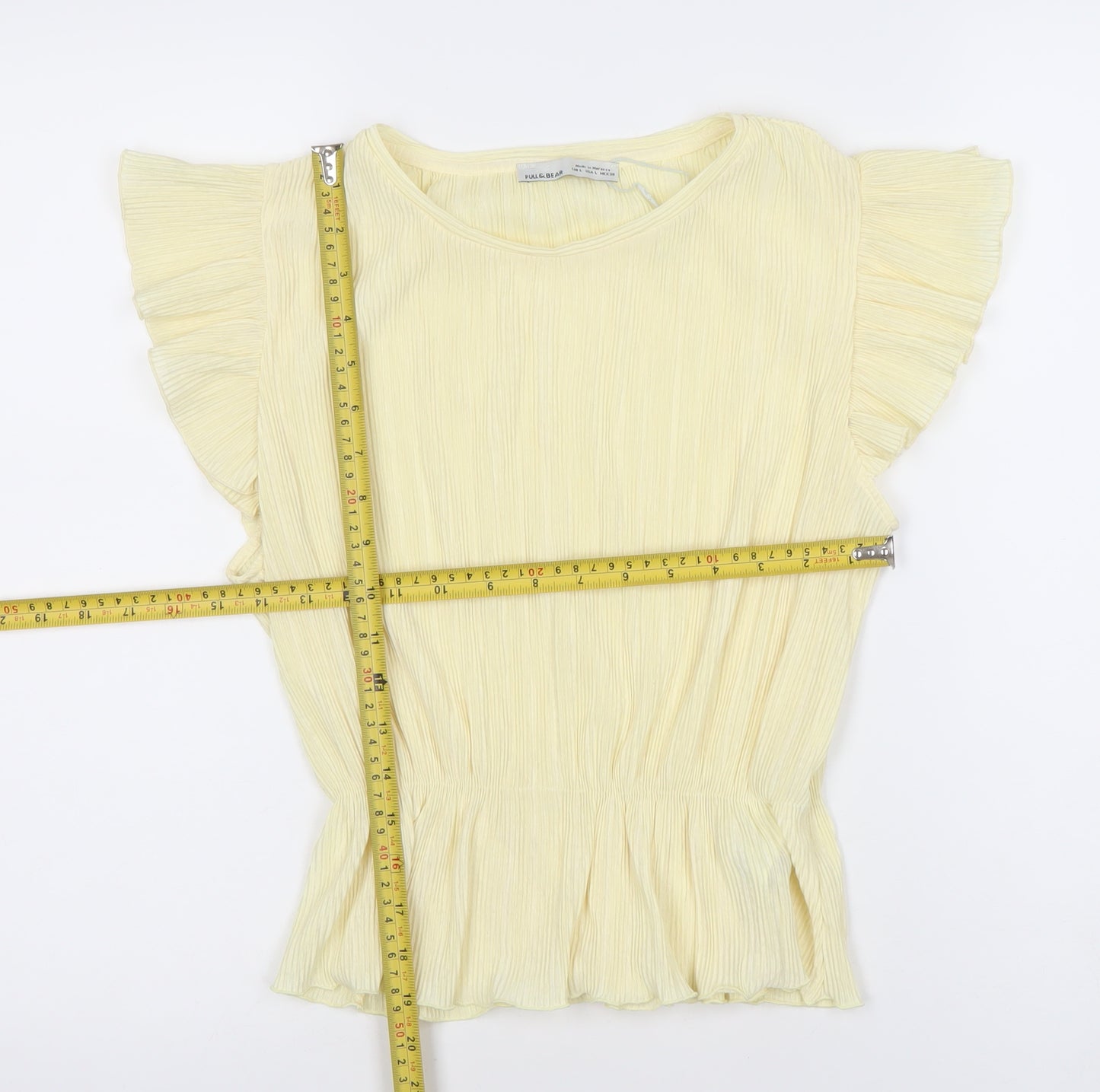 Pull & Bear Womens Yellow Blouse L Flutter Sleeve Ruffle Tunic Top