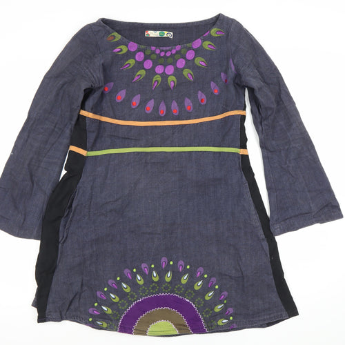 Maya Stop Women’s Blue Multicoloured Cotton Shift Dress S Boho Long Sleeve