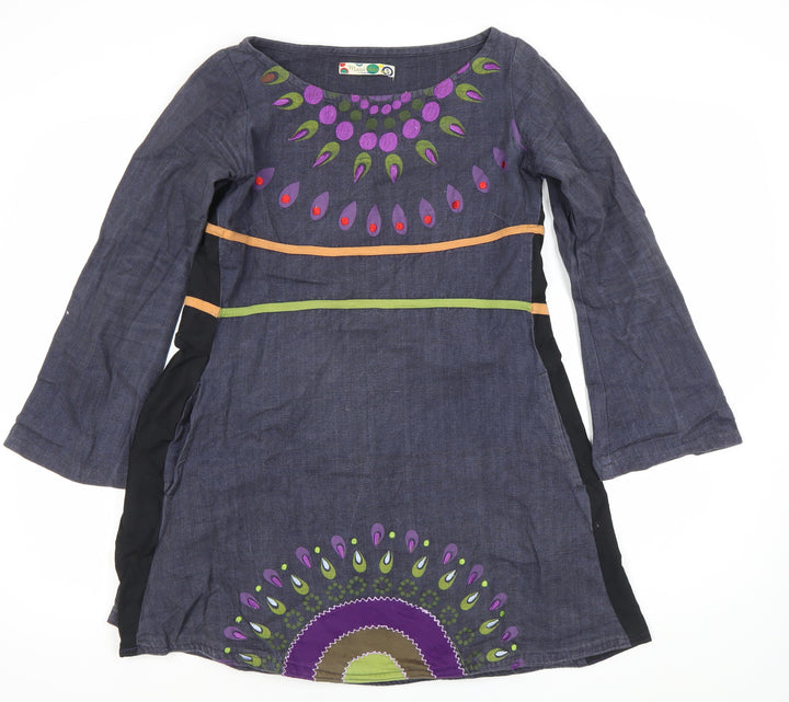 Maya Stop Women’s Blue Multicoloured Cotton Shift Dress S Boho Long Sleeve