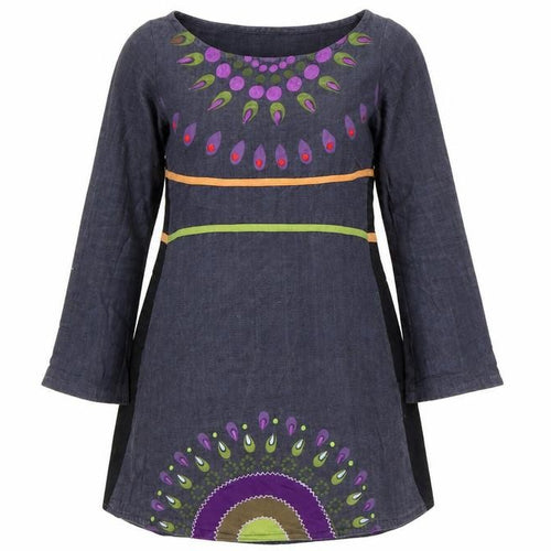 Maya Stop Women’s Blue Multicoloured Cotton Shift Dress S Boho Long Sleeve