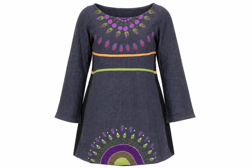 Maya Stop Women’s Blue Multicoloured Cotton Shift Dress S Boho Long Sleeve