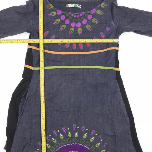 Maya Stop Women’s Blue Multicoloured Cotton Shift Dress S Boho Long Sleeve