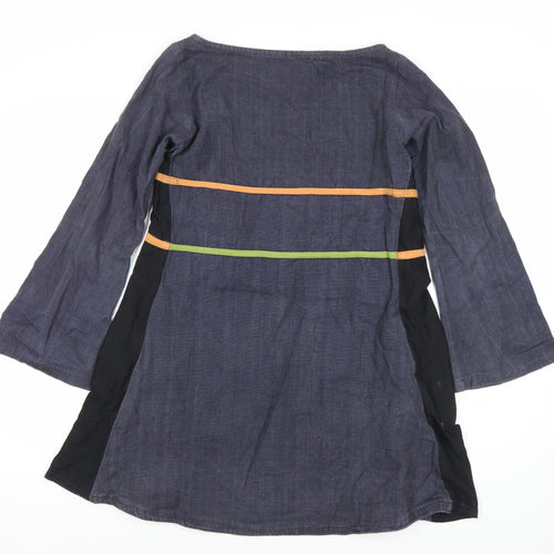 Maya Stop Women’s Blue Multicoloured Cotton Shift Dress S Boho Long Sleeve