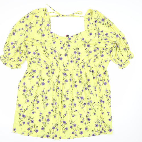 Yours Womens Yellow Floral Skater Dress Plus Size 22-24 Square Neck Puff Sleeve