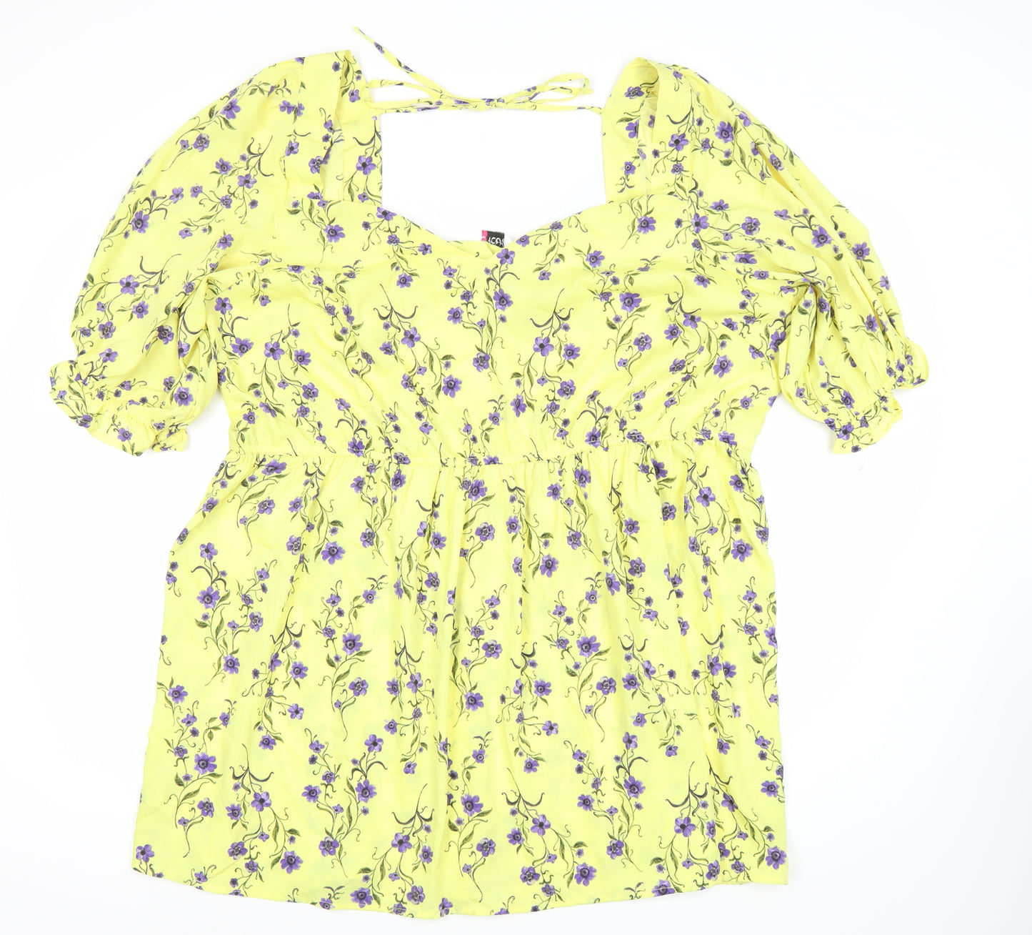 Yours Womens Yellow Floral Skater Dress Plus Size 22-24 Square Neck Puff Sleeve
