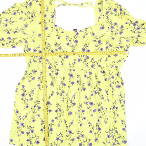 Yours Womens Yellow Floral Skater Dress Plus Size 22-24 Square Neck Puff Sleeve