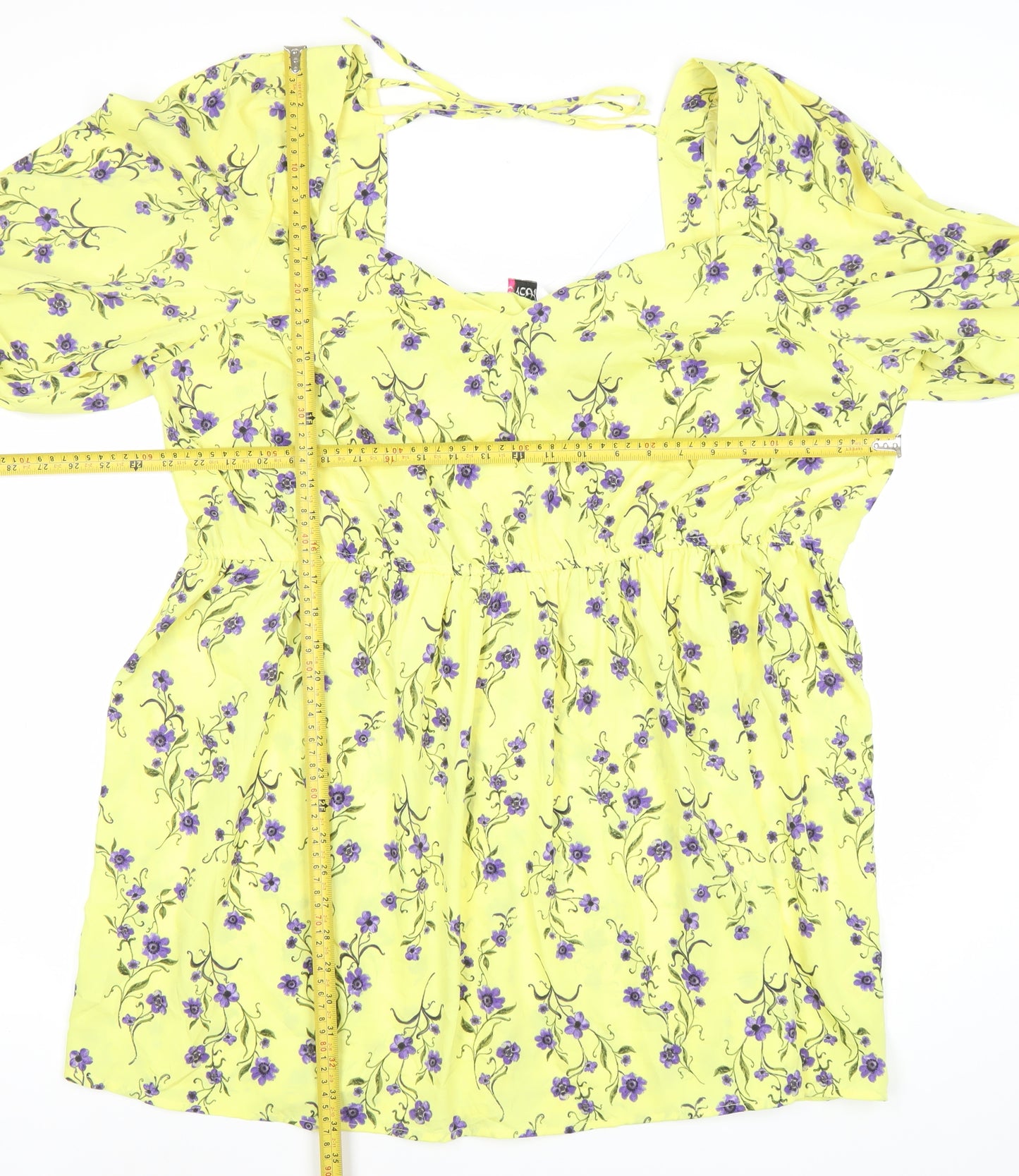 Yours Womens Yellow Floral Skater Dress Plus Size 22-24 Square Neck Puff Sleeve
