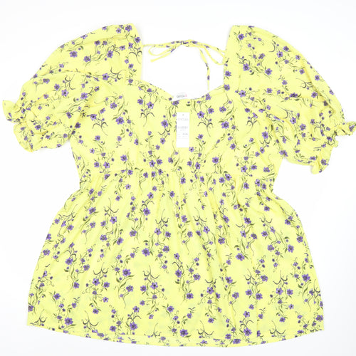 Yours Womens Yellow Floral Skater Dress Plus Size 22-24 Square Neck Puff Sleeve