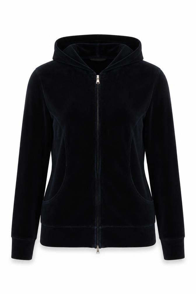 Front view of United Colors of Benetton women’s black full zip velour hoodie m