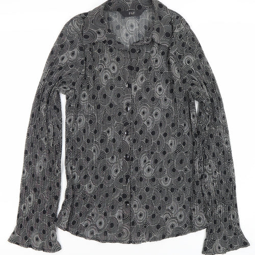 F&F Womens Black Geometric Button-Up Blouse Size 12 Long Sleeve