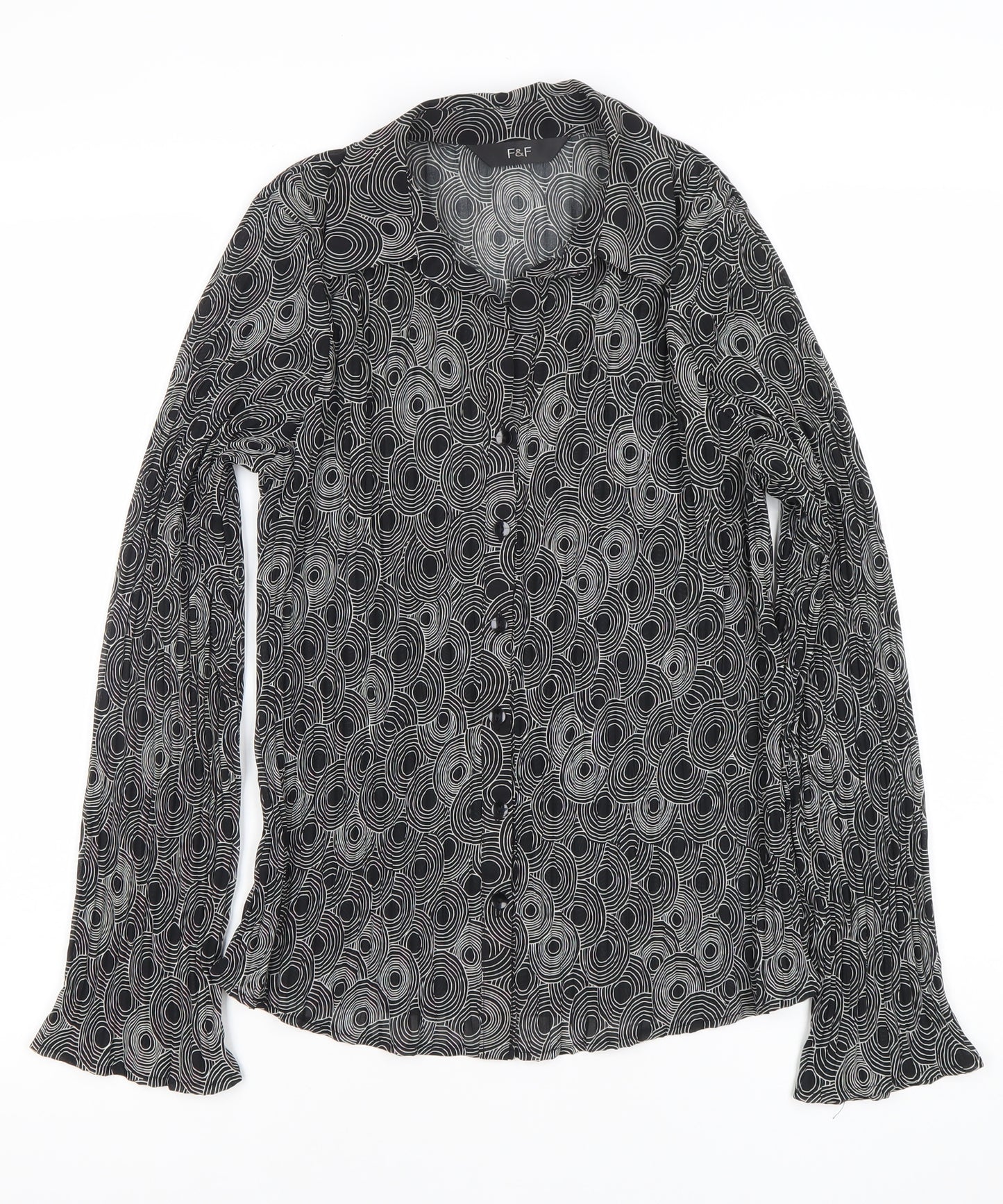 F&F Womens Black Geometric Button-Up Blouse Size 12 Long Sleeve