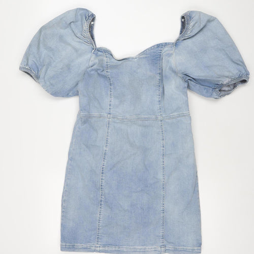 River Island Women Blue Denim Shift Dress Size 14 Puff Sleeve