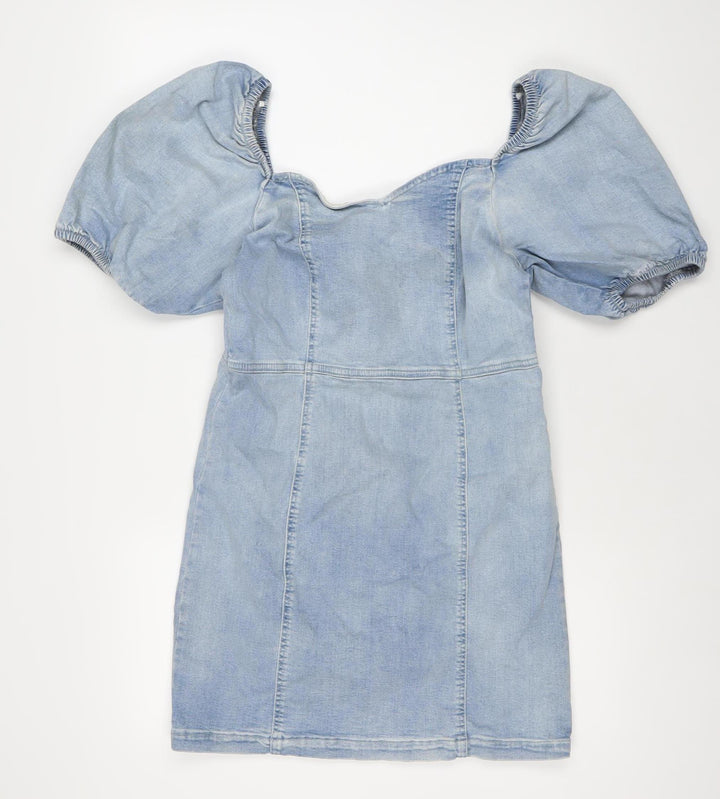 River Island Women Blue Denim Shift Dress Size 14 Puff Sleeve