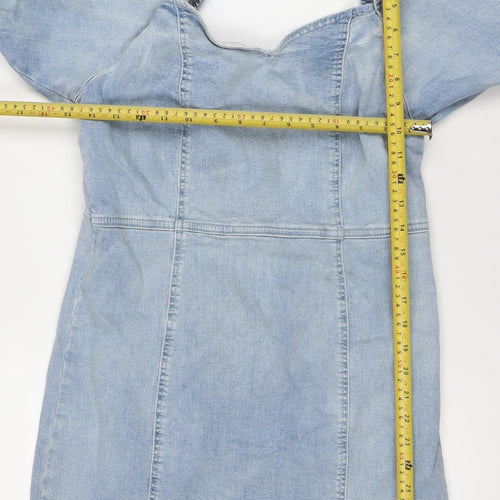 River Island Women Blue Denim Shift Dress Size 14 Puff Sleeve