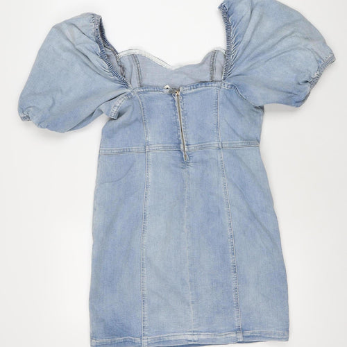 River Island Women Blue Denim Shift Dress Size 14 Puff Sleeve