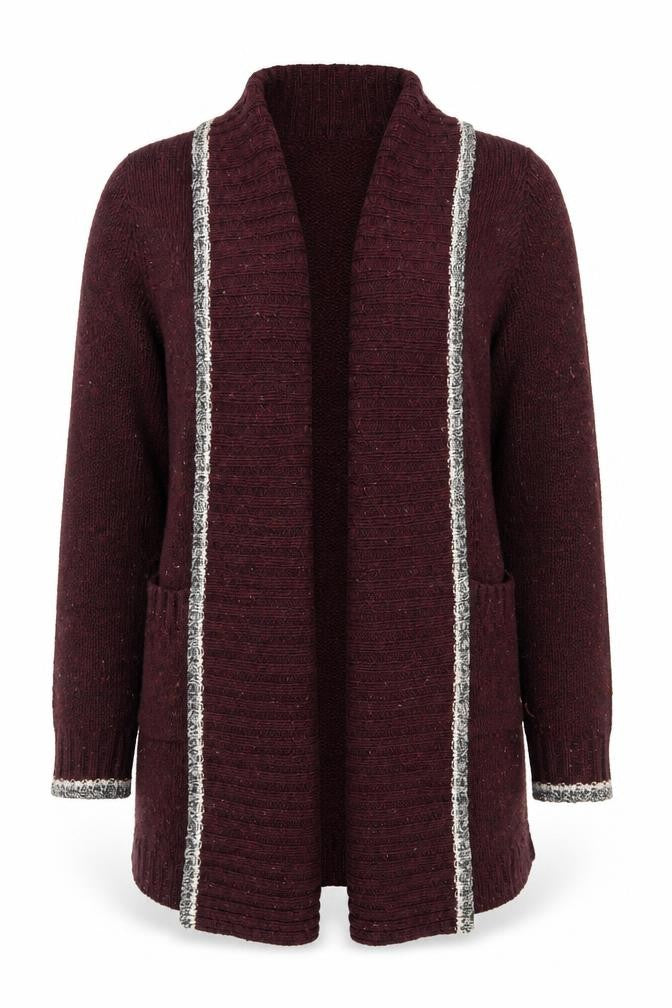 Front view of Roots women’s red knit chunky cardigan jumper m wool blend