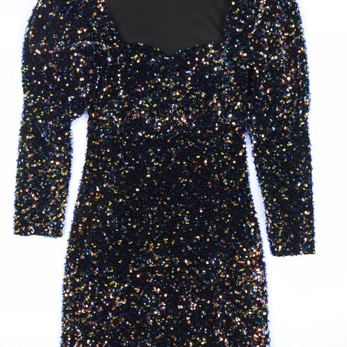 ZARA Womens Black Sequin Bodycon Mini Dress XS Party Cocktail Puff Sleeve