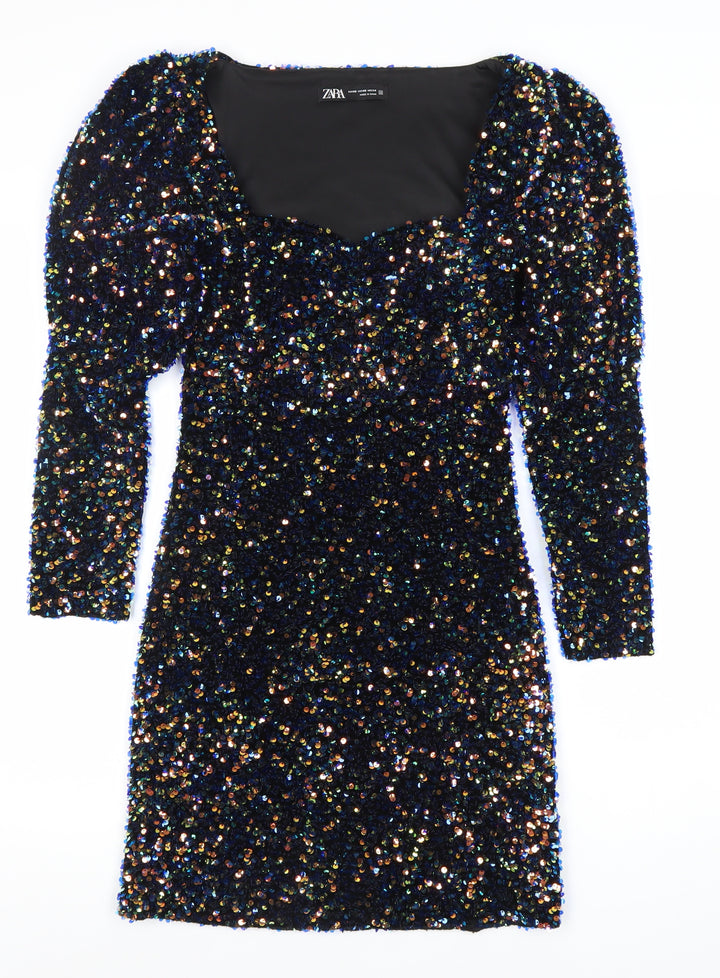 ZARA Womens Black Sequin Bodycon Mini Dress XS Party Cocktail Puff Sleeve