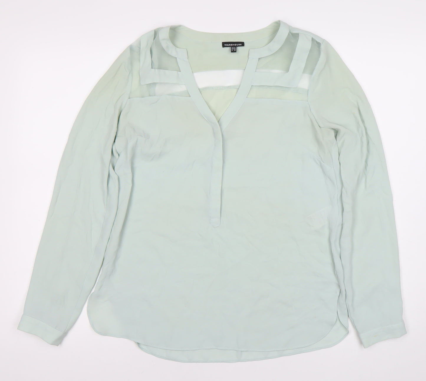 Warehouse Women’s Green Chiffon Long Sleeve V-Neck Blouse Size 10