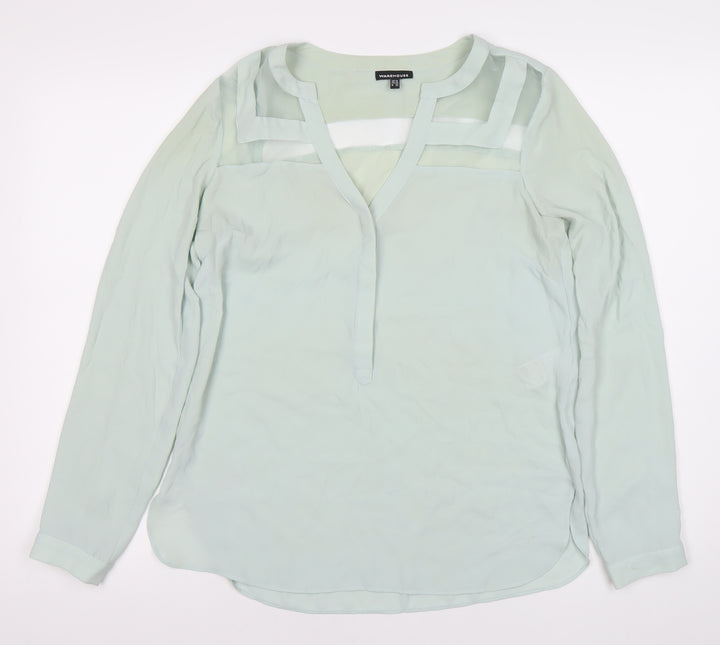 Warehouse Women’s Green Chiffon Long Sleeve V-Neck Blouse Size 10