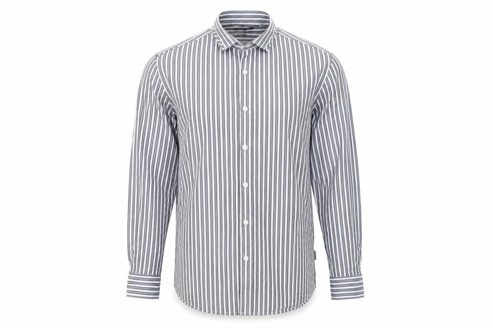 Front view of Peter Werth Men's Blue Striped Long Sleeve Cotton Shirt L