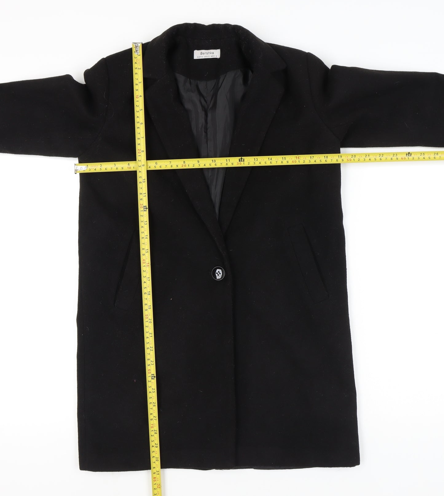 Bershka Women’s Black Wool Blend Mid-Length Overcoat Size 12