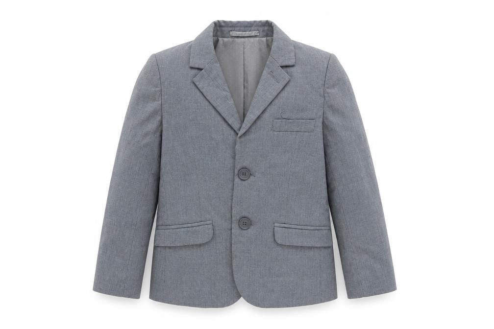 Front view of John Lewis boys’ grey suit jacket age 6 years formal wear
