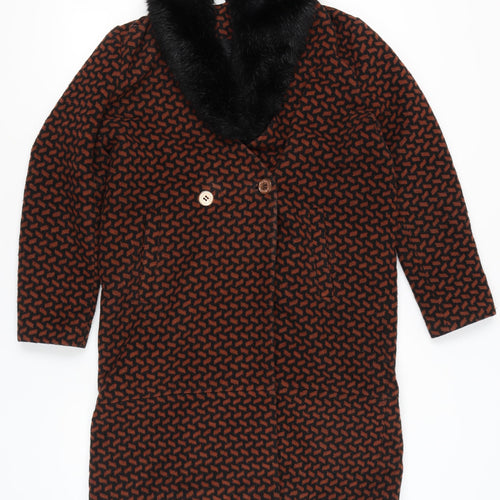 Biba Women's Brown Black Geometric Long Overcoat Size 14 Faux Fur Collar