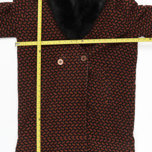 Biba Women's Brown Black Geometric Long Overcoat Size 14 Faux Fur Collar